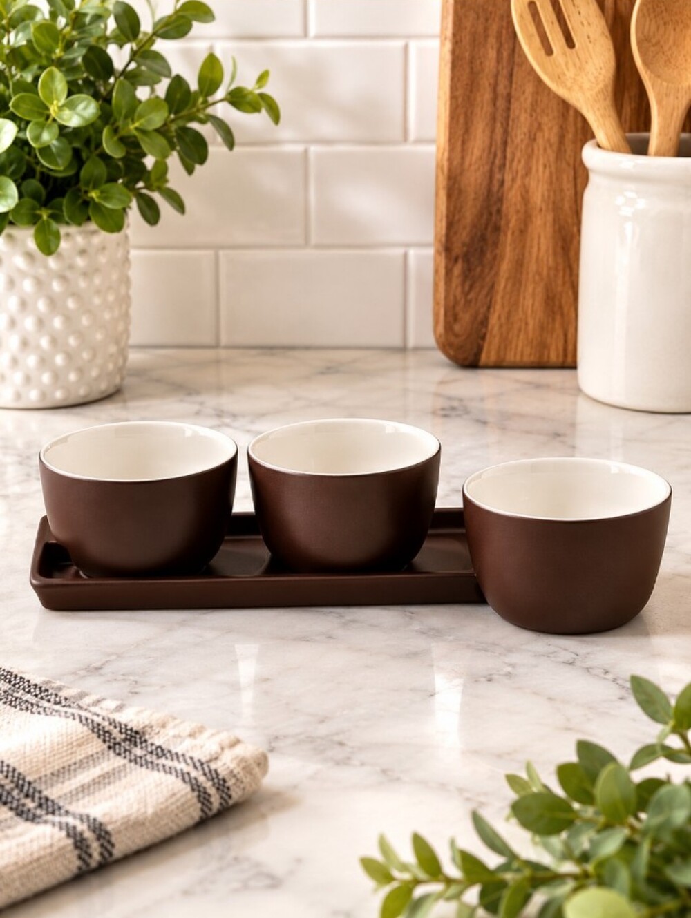 3 Bowl Condiment Set with Tray Parini Ceramic Set NWT